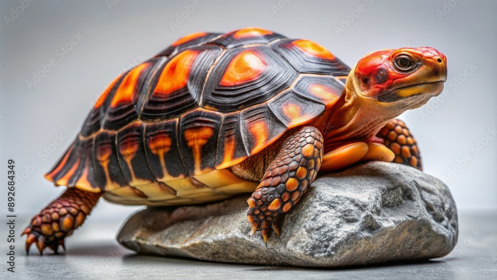 Obraz premium Vibrant red foot tortoise sits on grey stone against soft white background, showcasing its striking shell patterns and calm demeanor in a studio setting.