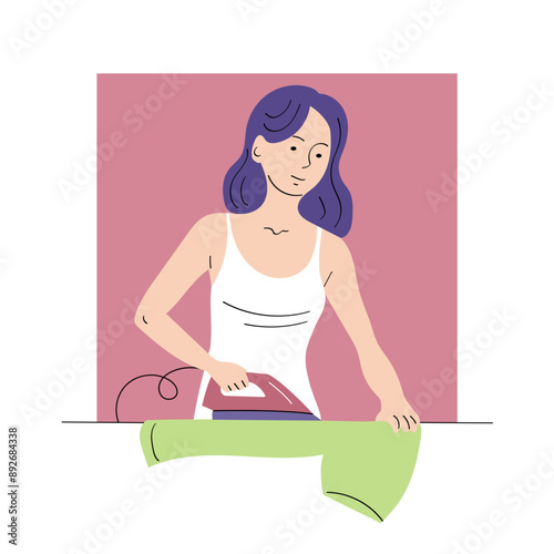 A young woman irons clothes at home. Household, family lifestyle. Household chores. People in everyday life. Flat vector illustration isolated on white background