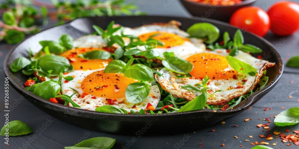 Fried eggs with runny yolks, surrounded by fresh basil and red pepper flakes, in a black skillet Fried eggs with runny yolks, surrounded by fresh basil and red pepper flakes, in a black skillet