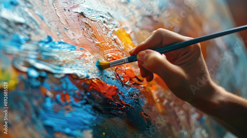 Detailed view of hands painting with a brush on a vibrant canvas, showcasing the creative process and colorful artwork.