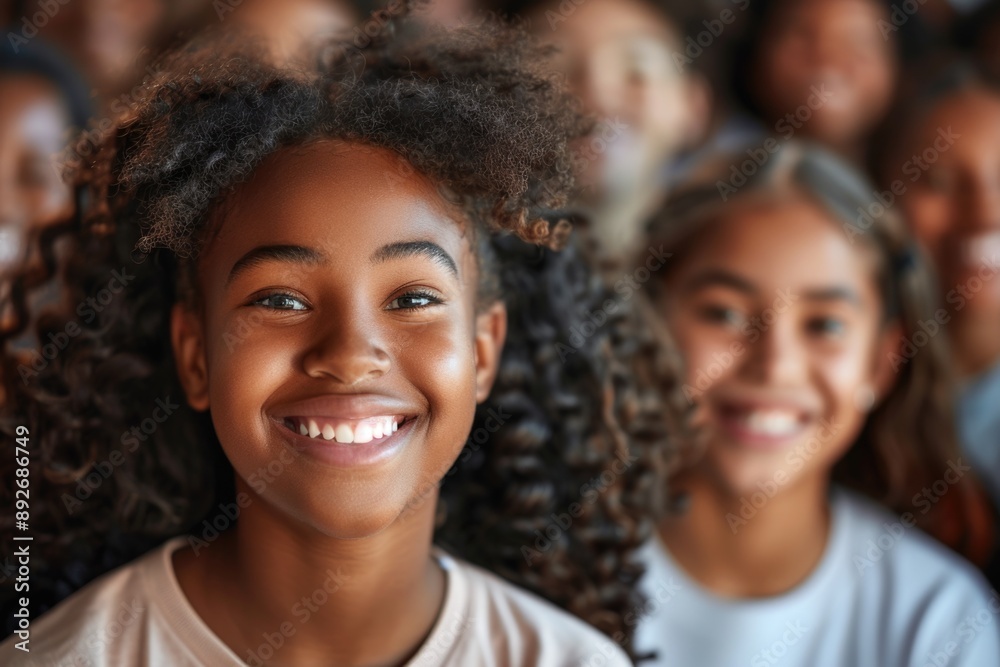 A young girl with curly hair smiles brightly at the camera, surrounded by her friends A young girl with curly hair smiles brightly at the camera, surrounded by her friends