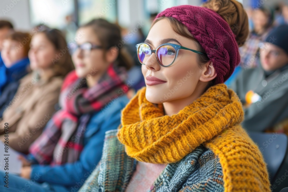 A young woman wearing a crimson headband and a warm yellow scarf gazes thoughtfully, lost in contemplation amongst a group of people A young woman wearing a crimson headband and a warm yellow scarf gazes thoughtfully, lost in contemplation amongst a group of people