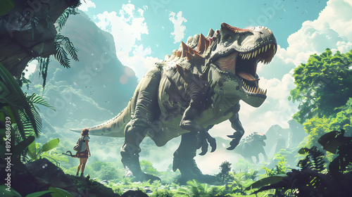 Brave time travelers explore prehistoric world, meeting dinosaurs face to face in thrilling adventure. photo