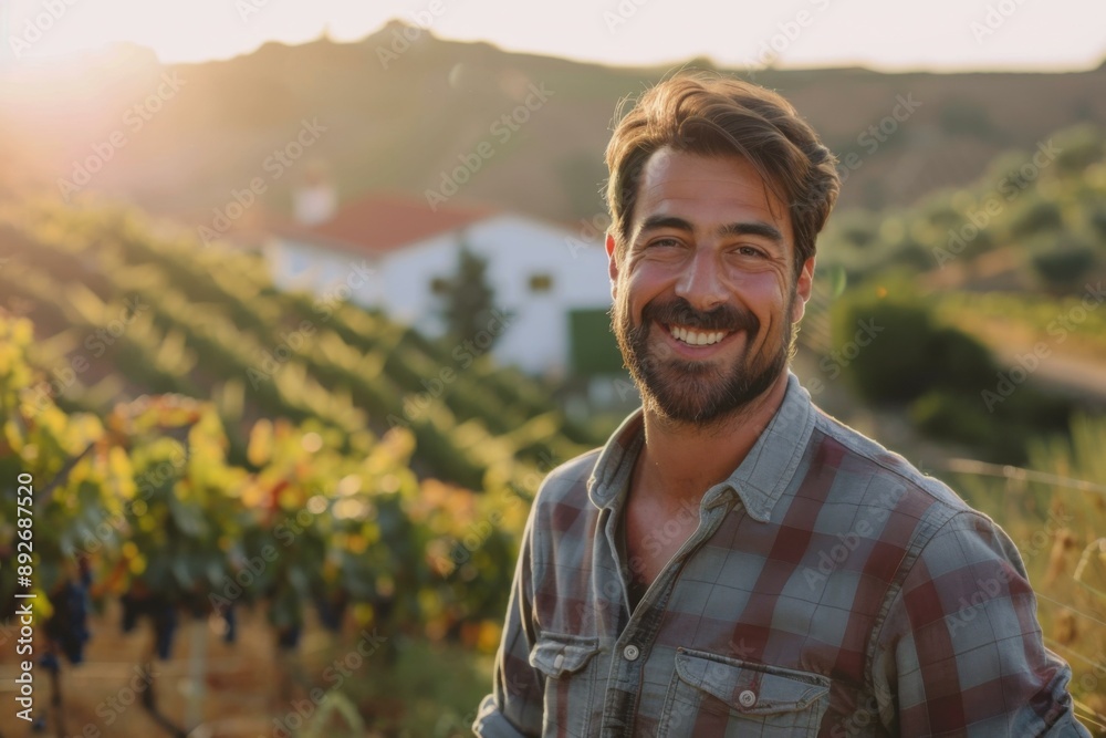Smiling Winemaker in Vineyard - Winery Website Banner Hero Image Organic Wine Production Smiling Winemaker in Vineyard - Winery Website Banner Hero Image Organic Wine Production