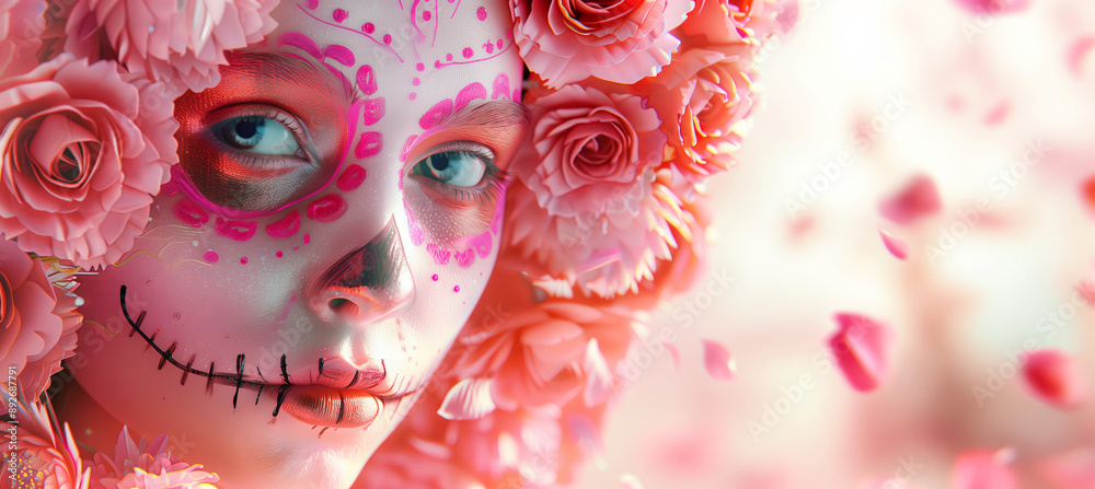 Woman adorned with vibrant, traditional Day of the Dead face paint and crown of red roses. Intricate makeup features detailed floral designs and striking pink and red accents Mexican celebrating Woman adorned with vibrant, traditional Day of the Dead face paint and crown of red roses. Intricate makeup features detailed floral designs and striking pink and red accents Mexican celebrating