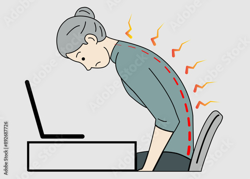 sitting back pain, women suffering from back pain, Cartoon scene Vector illustration, working at a computer in the office and his back hurts from sitting at the chair