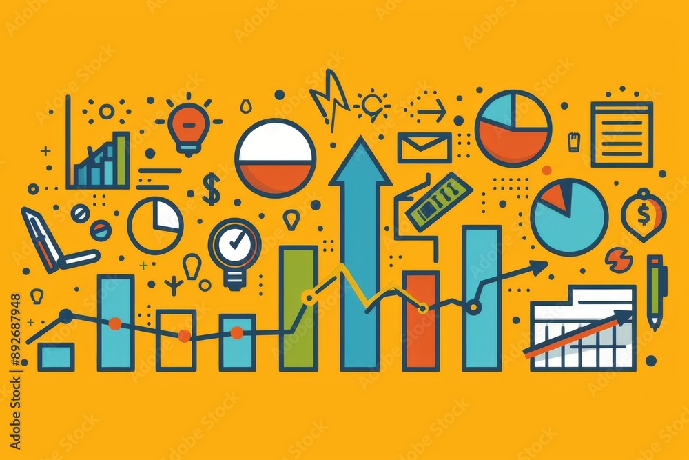 Obraz premium Abstract infographic with various data visualization elements on a yellow background.