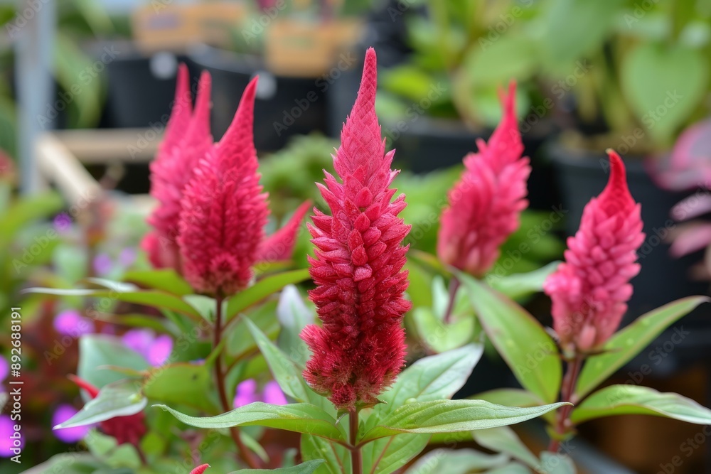 Bright red celosia plants in bloom, showcased at a garden center Bright red celosia plants in bloom, showcased at a garden center