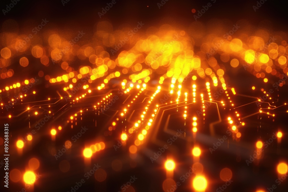 A close-up view of a glowing circuit board with a mesmerizing pattern of lights