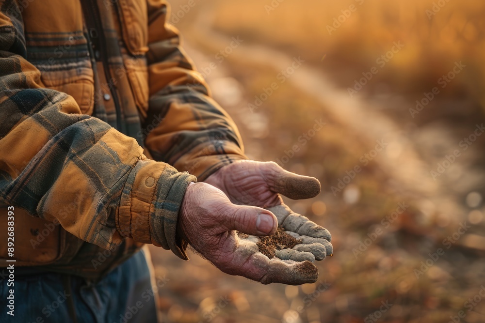 Fototapeta premium A farmer's weathered hands cradle a handful of rich, dark soil, the warm glow of the setting sun casting a golden hue over the scene