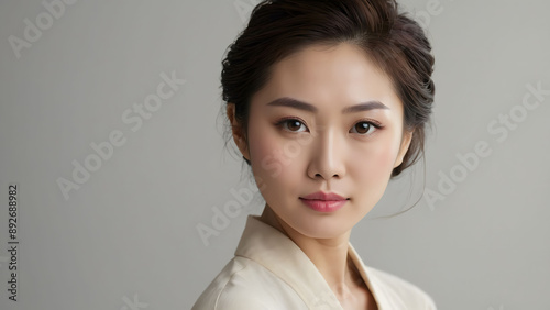 Beauty portrait of a model Japanese woman with beautiful white skin through skin care