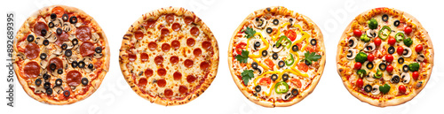 Top view pizza transparent background, isolated set pizza, 4 items