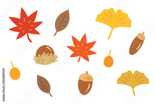 落ち葉とどんぐりのイラストセット