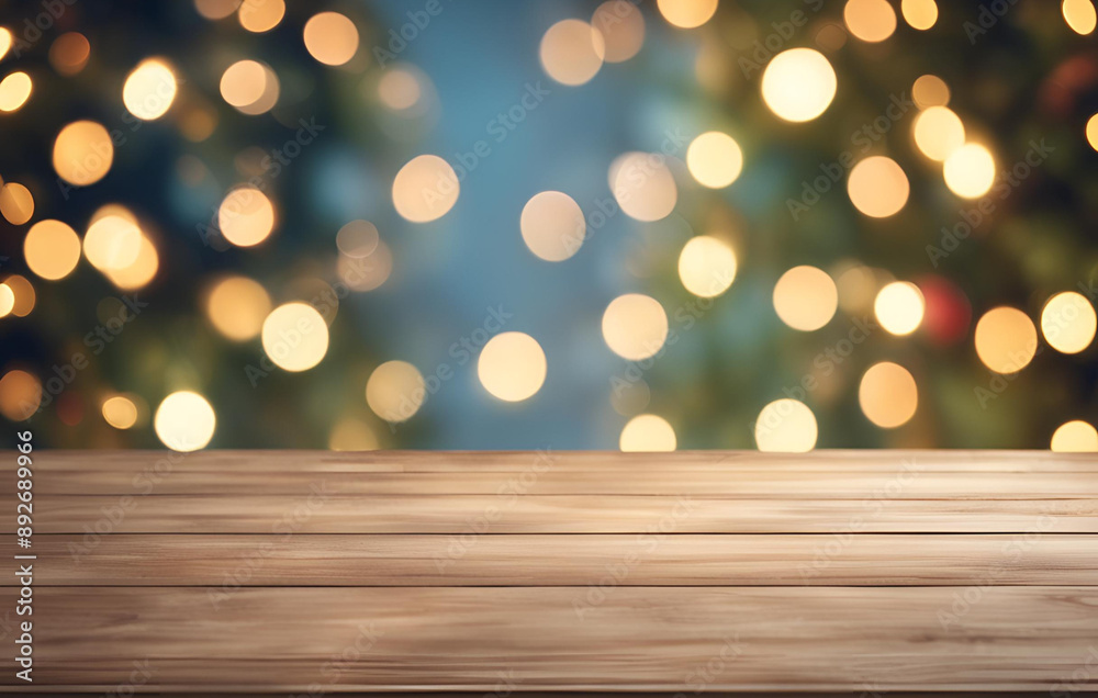 Christmas background with empty wooden table over festive bokeh lights Christmas background with empty wooden table over festive bokeh lights