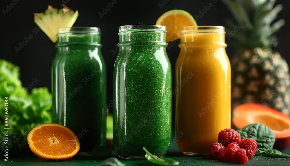 Green Smoothies Blend spinach, kale, and fruits, nutrientdense beverages, concept Green Smoothies Blend spinach, kale, and fruits, nutrientdense beverages, concept