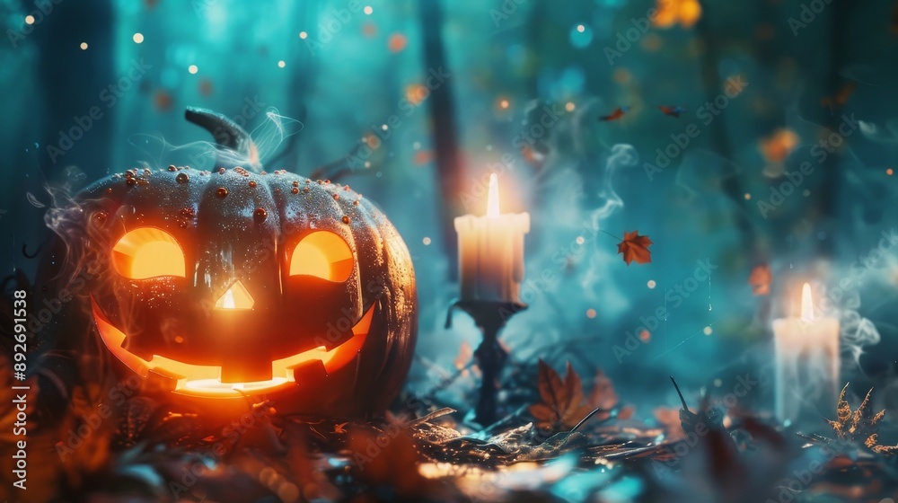 Pumpkins and candles shiny scary creepy halloween composition wallpaper background Pumpkins and candles shiny scary creepy halloween composition wallpaper background