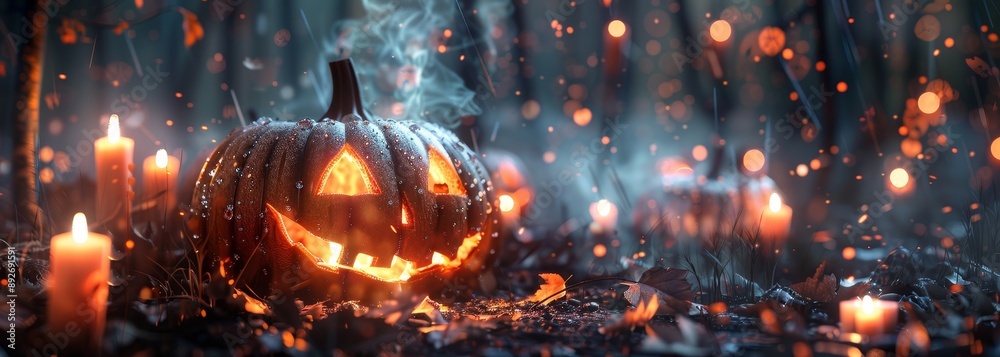 Pumpkins and candles shiny scary creepy halloween composition wallpaper background Pumpkins and candles shiny scary creepy halloween composition wallpaper background
