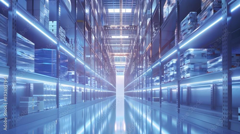 Smart warehouse. Automatic stock storage, modern distribution building, ecommerce warehouse, digital logistics, smart package hardware, AI delivery system, innovation in cargo, commercial storehouse