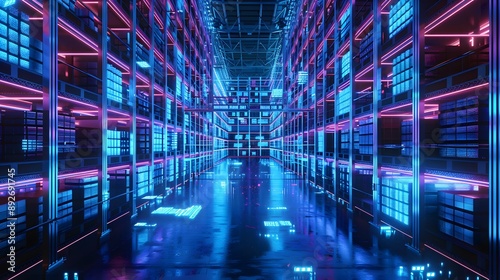 Smart warehouse. Automatic stock storage, modern distribution building, ecommerce warehouse, digital logistics, smart package hardware, AI delivery system, innovation in cargo, commercial storehouse