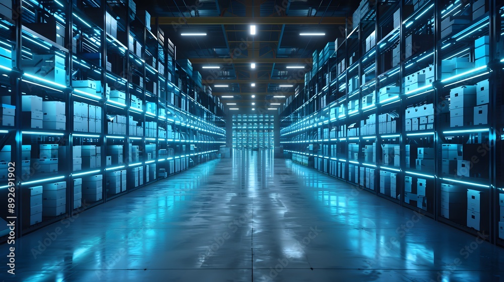 Fototapeta premium Smart warehouse. Automatic stock storage, modern distribution building, ecommerce warehouse, digital logistics, smart package hardware, AI delivery system, innovation in cargo, commercial storehouse