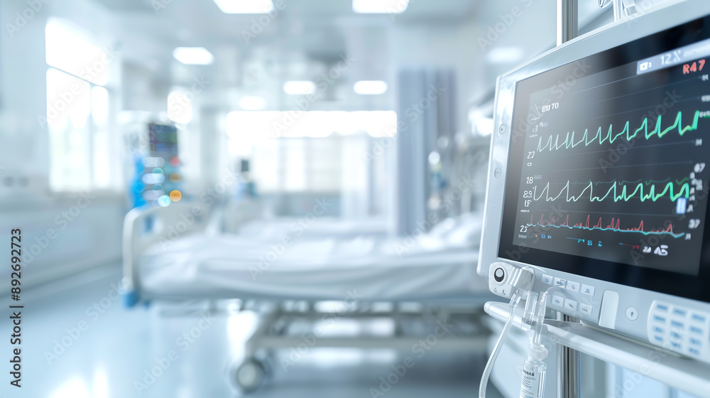 A patient in a hospital bed with intravenous drips and monitors A patient in a hospital bed with intravenous drips and monitors