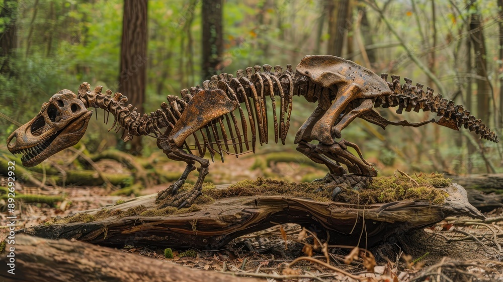 Sculpture of a dinosaur skeleton, likely a theropod, made from what appears to be rusted metal, positioned on a moss-covered log in a forest setting Sculpture of a dinosaur skeleton, likely a theropod, made from what appears to be rusted metal, positioned on a moss-covered log in a forest setting