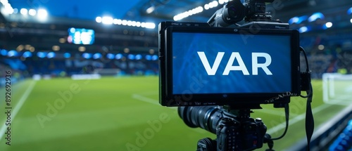  A TV screen with the word VAR, football video assistant referee. VAR Technology in Football Stadium.
