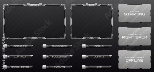 Stream Overlay Webcam Screen Frame and Stream Alert GUI Panels in Metallic Silver and Black Color for Gaming and Live Video Streaming Platforms