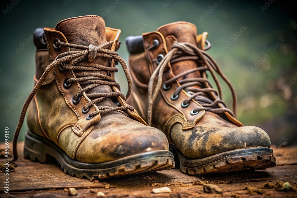 Worn and weathered hiking boots, caked with dirt and mud, exude a pungent smell, with laces frayed and soles worn down, craving a deep clean. Worn and weathered hiking boots, caked with dirt and mud, exude a pungent smell, with laces frayed and soles worn down, craving a deep clean.