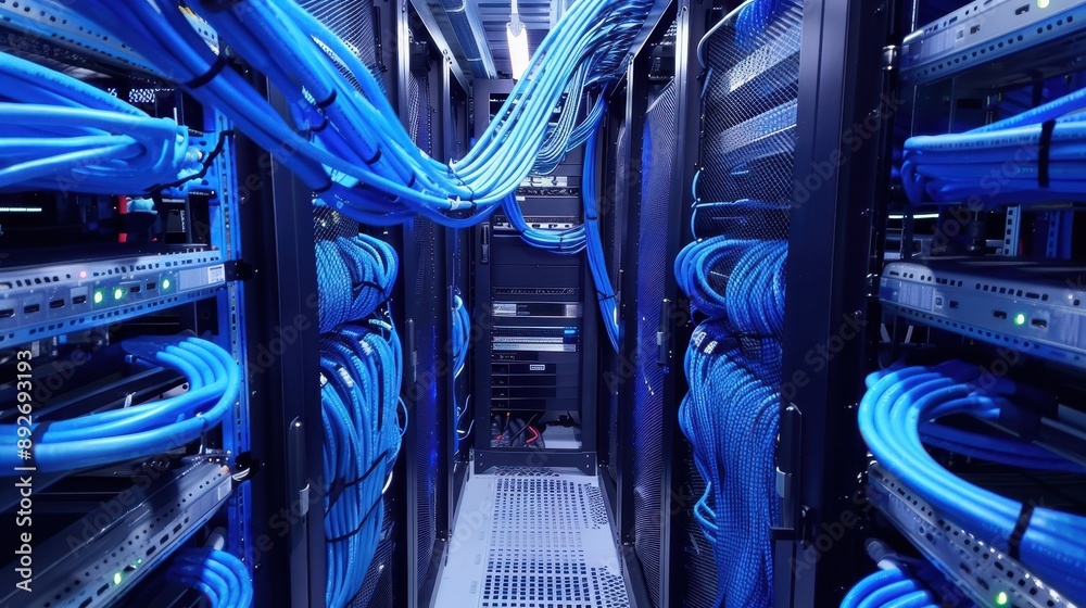 Network server room with blue network cables, server racks, LED status lights, cooling units, and various network equipment Network server room with blue network cables, server racks, LED status lights, cooling units, and various network equipment