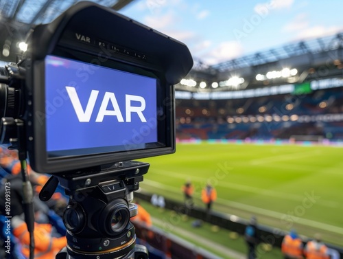  A TV screen with the word VAR, football video assistant referee. VAR Technology in Football Stadium.
 photo