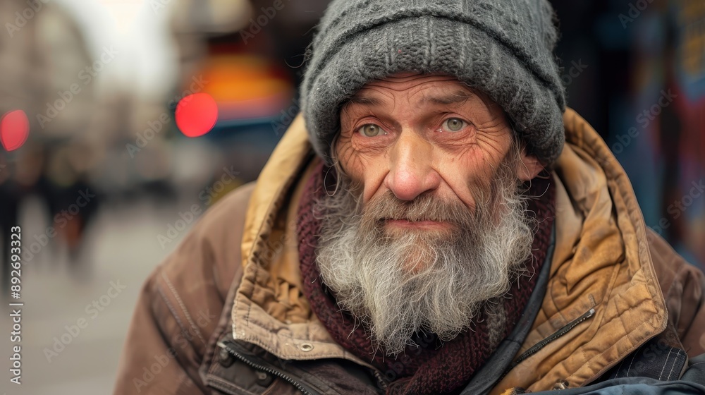 Portrait of an older man with a long white beard, wearing a grey knit cap and a brown jacket with a yellow inner lining. He has a deep gaze and is looking directly at the camera Portrait of an older man with a long white beard, wearing a grey knit cap and a brown jacket with a yellow inner lining. He has a deep gaze and is looking directly at the camera
