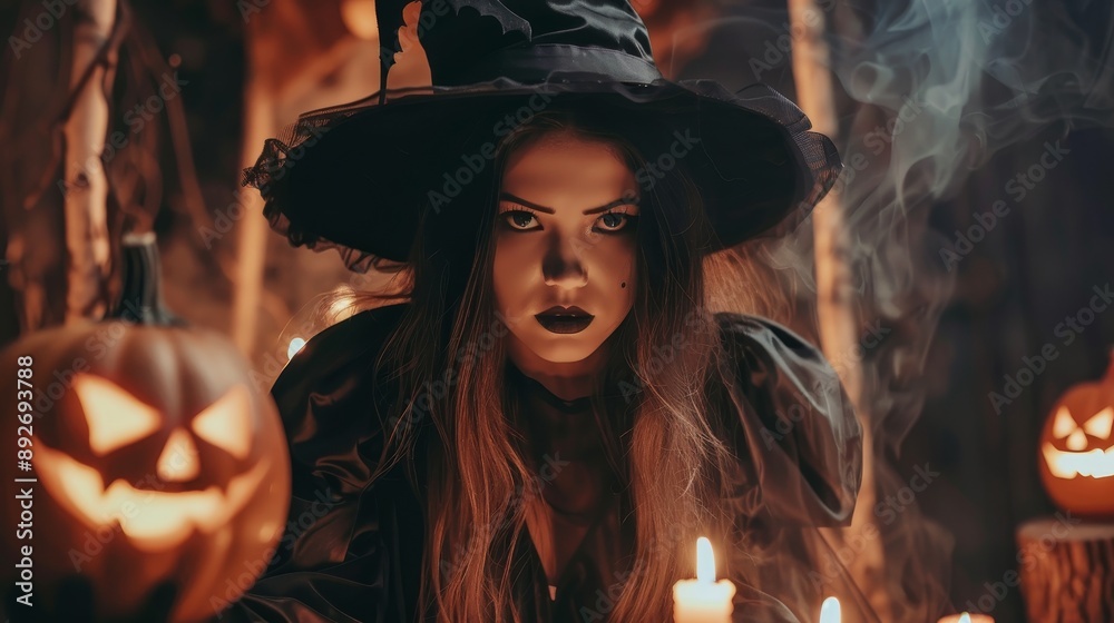 Naklejka premium Woman wearing witch halloween costume wallpaper background