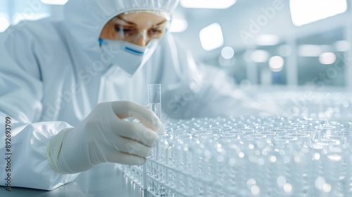 A technician in a cleanroom suit inspecting a nuclear fuel rod assembly in a brightly lit lab, high-resolution photo, realistic photo, cinematography, hyper realistic photo