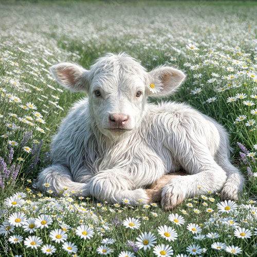 A fluffy white Scottish Highland calf rests peacefully in a field filled with blooming daisies and lush green grass  photo