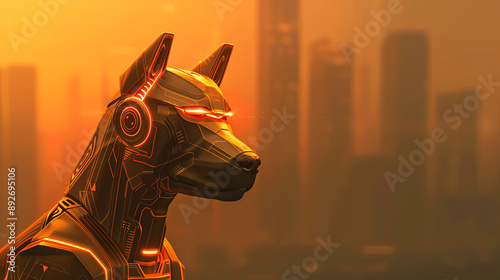 A robotic dog exploring a futuristic urban environment photo