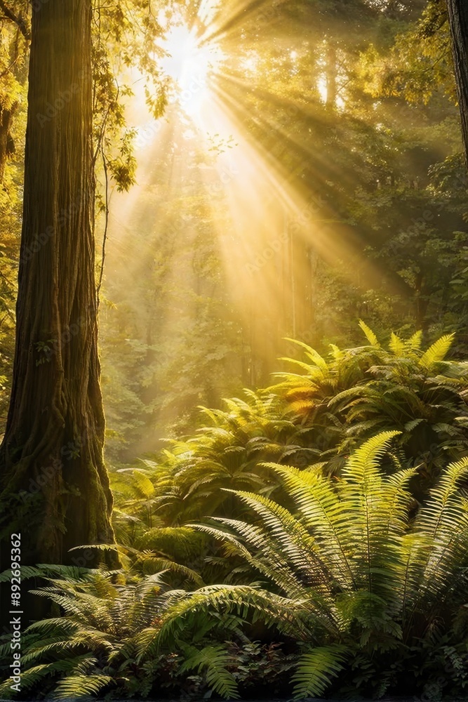 Obraz premium Forest Symphony: Sunlight Plays on Ferns as Towering Trees Stand Guard. Sunlight Dances on a Forest Floor Cloaked in Emerald Light. generative AI