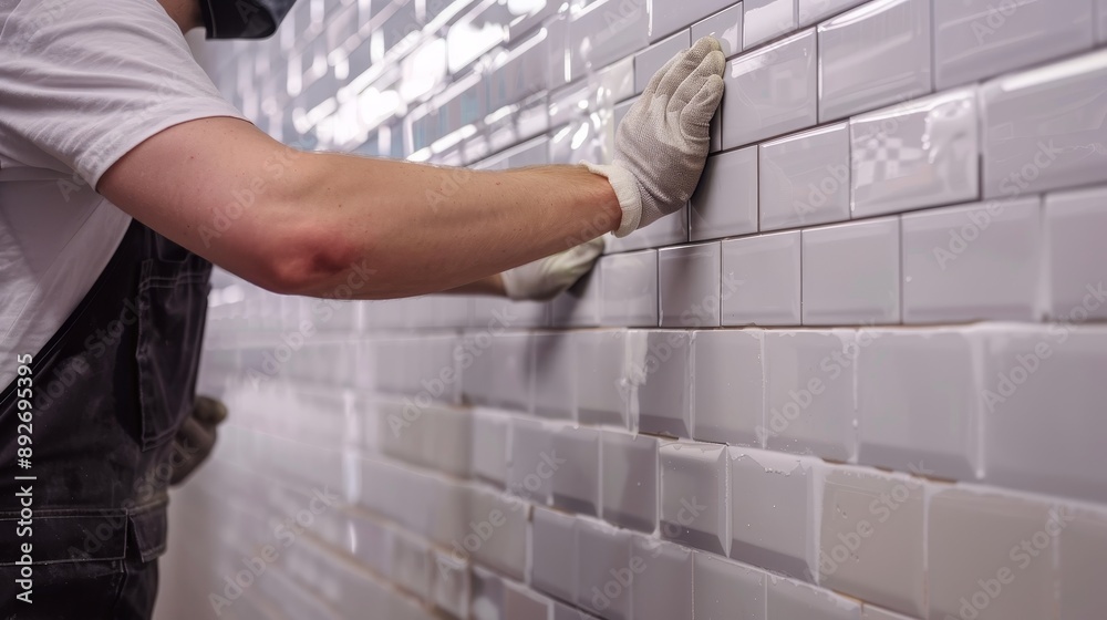 Worker placing ceramic wall tiles wallpaper background
