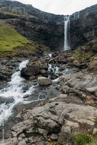 Waterfall in Faroe island beautiful landscape in summer time with sun
 photo