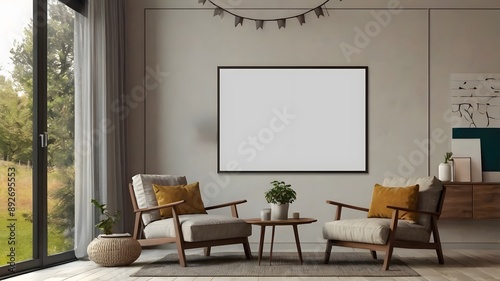 Frame mockup, ISO A paper size. Living room wall poster mockup. Interior mockup with house background
