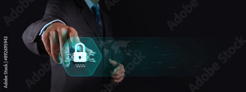 A businessman in a suit touching a holographic digital lock symbolizing AI cybersecurity and data protection.