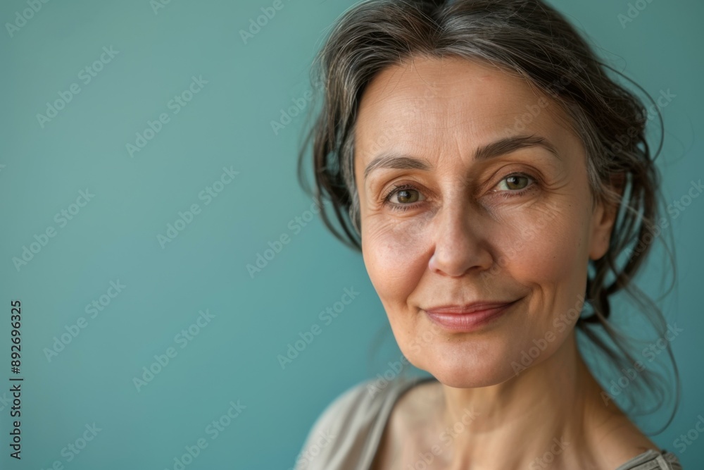 Smiling Senior Woman Teal Background with Copy Space - Mature Female Beauty Confidence Banner Smiling Senior Woman Teal Background with Copy Space - Mature Female Beauty Confidence Banner