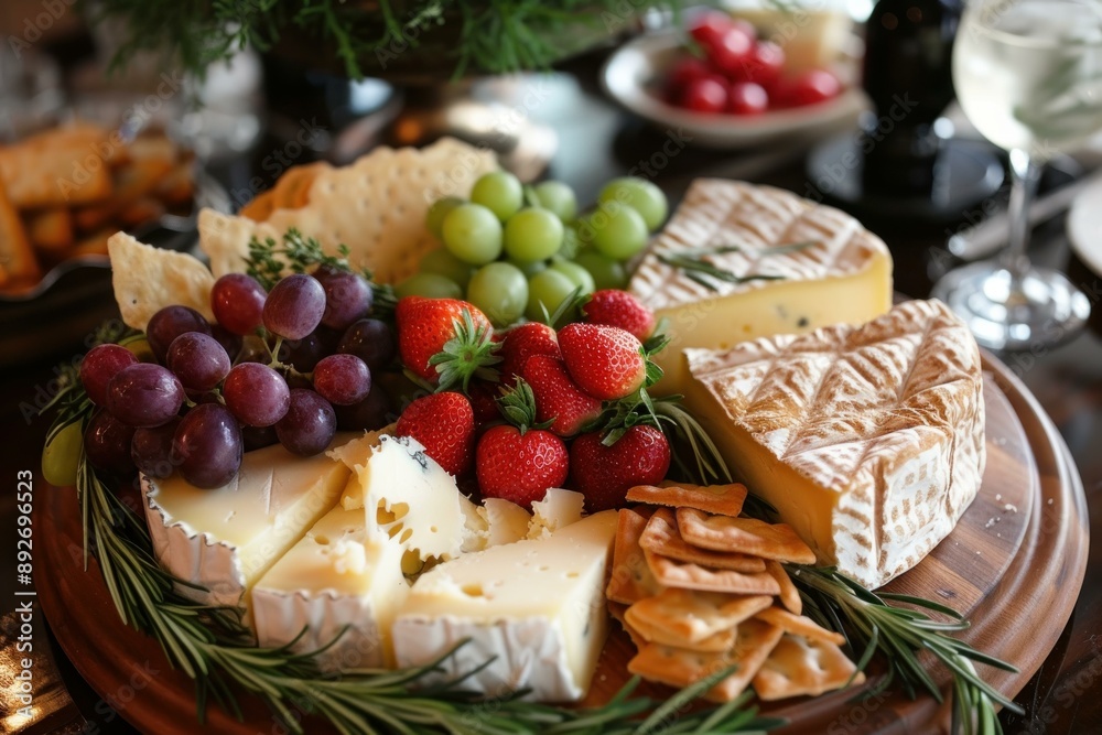 Appetizing selection of fine cheeses, fresh fruits, and wine on an elegant table setting
