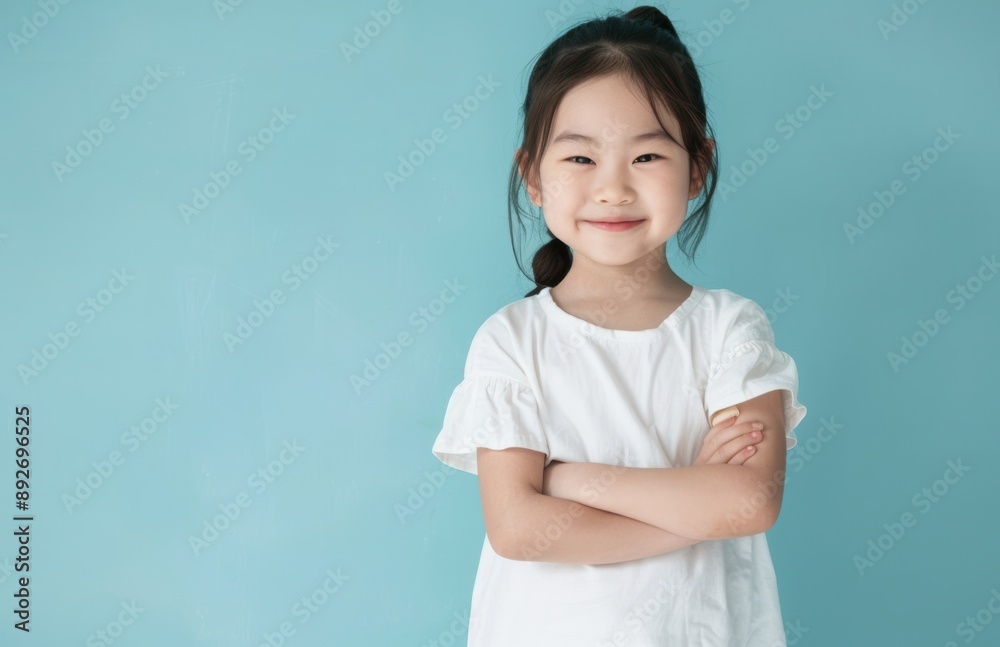 A smiling young girl with dark hair and a white shirt stands against a teal background with her arms crossed. Her bright eyes and happy expression convey a sense of joy and charm. A smiling young girl with dark hair and a white shirt stands against a teal background with her arms crossed. Her bright eyes and happy expression convey a sense of joy and charm.