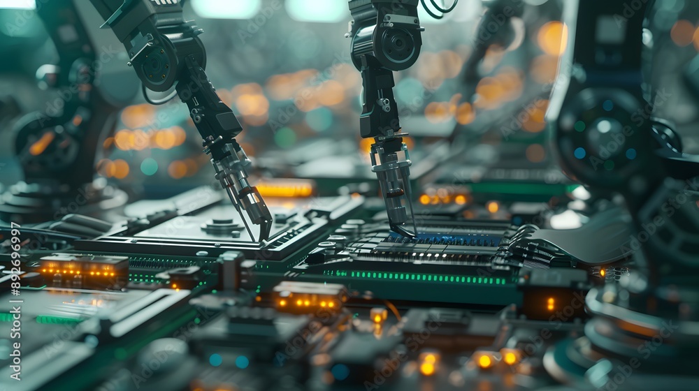 Manufacturing Automation. Advanced High Precision Robot Arms on Automated PCB Assembly Line Inside Modern Electronics Factory. Electronic Devices Production Industry. Component Installation Process. Manufacturing Automation. Advanced High Precision Robot Arms on Automated PCB Assembly Line Inside Modern Electronics Factory. Electronic Devices Production Industry. Component Installation Process.
