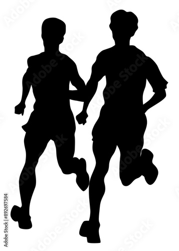 Young athletes run a marathon. Isolated silhouettes on white background