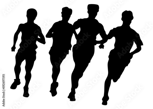 Young athletes run a marathon. Isolated silhouettes on white background