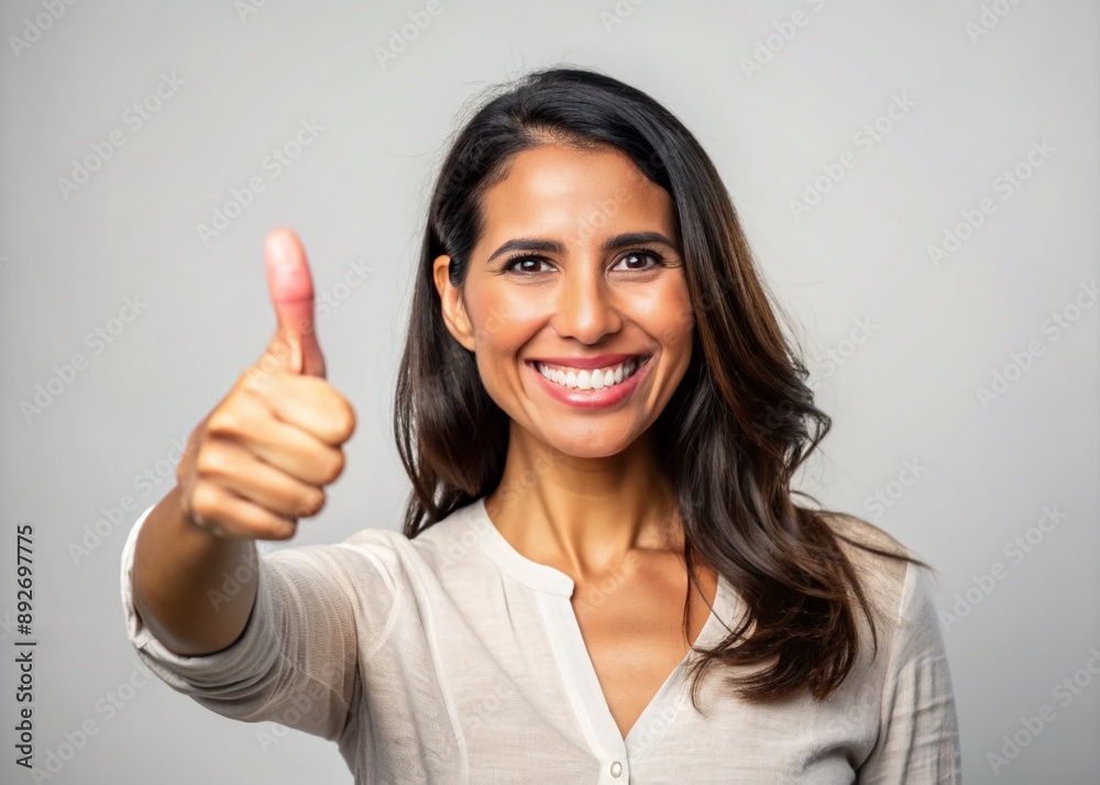 Latina woman girl giving a thumbs up against a creamy gradient background, isolated against a light color backdrop, hand gesture, smiling, sales consultant, sales concept Latina woman girl giving a thumbs up against a creamy gradient background, isolated against a light color backdrop, hand gesture, smiling, sales consultant, sales concept