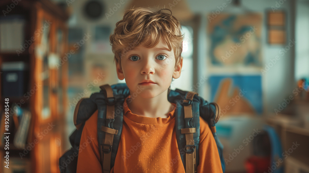 Little Boy is ready for School. Standing with Backpack. Excited Boy is ready for School Day Little Boy is ready for School. Standing with Backpack. Excited Boy is ready for School Day