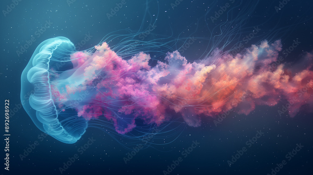 A jellyfish with a rainbow tail is floating in the sky A jellyfish with a rainbow tail is floating in the sky